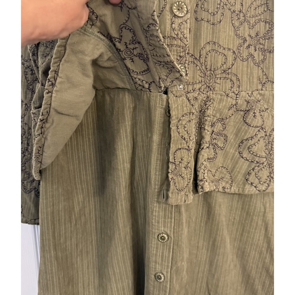VTG Flax Shirt Dress‎ MED Green Corduroy Floral Embroidery 100% Cotton Lagenlook - Picture 4 of 14